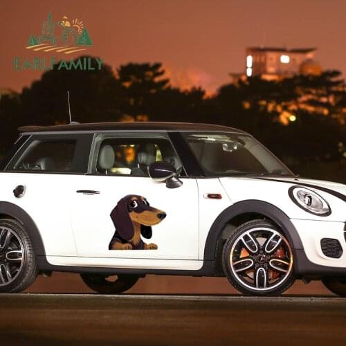 EARLFAMILY 43cm x 41cm Funny Car Stickers for Cartoon Dachshund Big Sticker Pet Dog Animal Vinyl Decal Waterproof Car Wrap