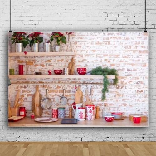 Photo Backgrounds For Photography Gray Brick Wall Kitchen Merry Christmas Festivals Kitchenware Element Interior Photo Backdrops