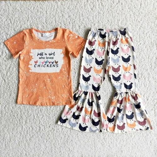 Ready To Ship Kids Summer Outfits Toddler Girls Short Sleeve Top And Chickens Print Beller Pants Set Farm Style Clothes