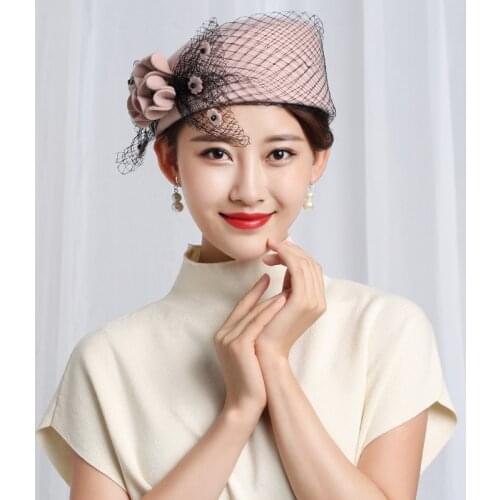H3526 Women Fedoras Hat Female Korean Elegant Mesh Yarn Flower Church Party Cap Autumn Winter Travel Holiday Shopping Lady Hats