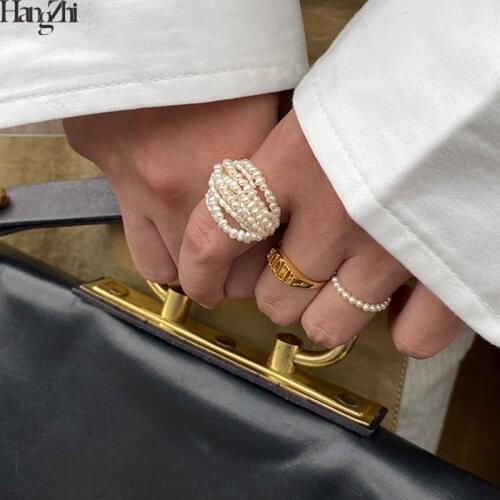 Hangzhi 2020 New Korean Vintage Baroque Natural Pearls Irregular Heart Shape Shell Gold Metal Wood Beads Rings for Women Jewelry
