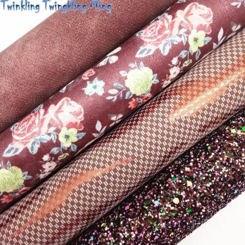 Plum Glitter leather, Flowers Printed Faux Leather, Metallic Synthetic Leather For Bow A4 21x29CM Twinkling Ming KM146