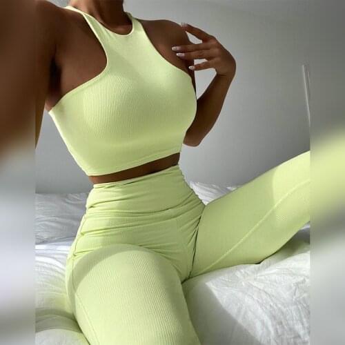 Summer New Two-piece Ribbed Yoga Sets Women Sportswear Gym Fitness Workout Tracksuits Sleeveless Crop Tank Tops+Leggings