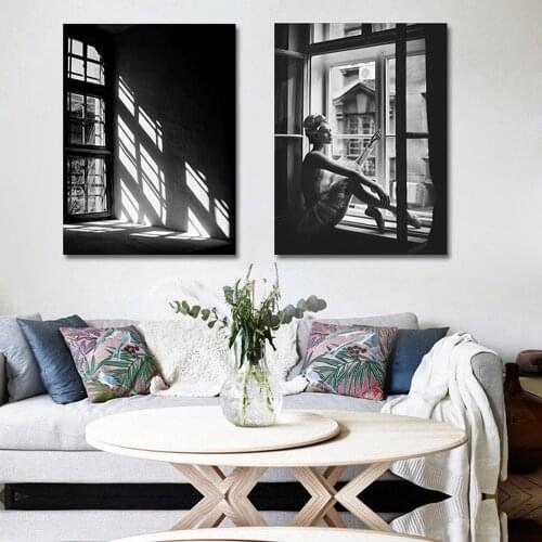 Minimalist Window Ballet Girl Canvas Painting Black White Poster Modern Home Decoration Wall Art Pictures For Dancer School
