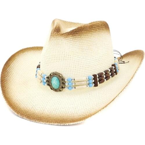QBHAT Brown Spray Paint Plain Paper Straw Cowboy Hats with Ethnic Hatband Decor Men Women Wide Brim Beach Sunhat Sunshade Hat