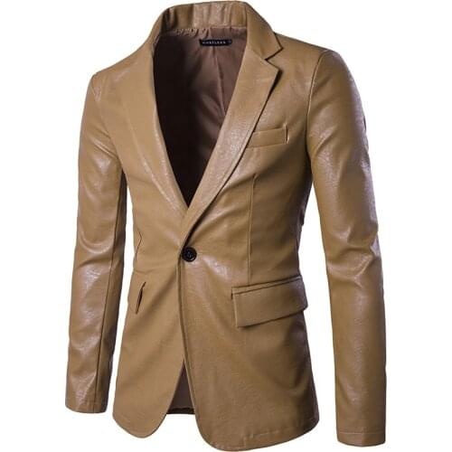 Mens Fashion Cool Suit jacket Khaki Black Red White 4 color PU leather Blazer Size S-XXL