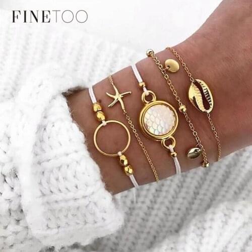 5PCS/Set Stacking Starfish Shell Bracelet Set Boho Multi Layered Chain Bracelets for Women Pulseras Mujer