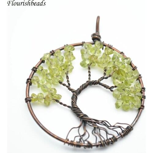 Natural Peridot Stone Chips Life Tree Shape Antique Copper Wire Wrapped Round Metal Pendant Fashion Woman Jewelry