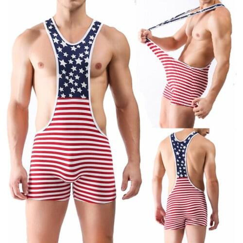 New American Flag Printed Bodysuit Mens Sexy Suspender Wrestling Singlet Stretch Underwear High Waist Jumpsuit Slips Plus Size
