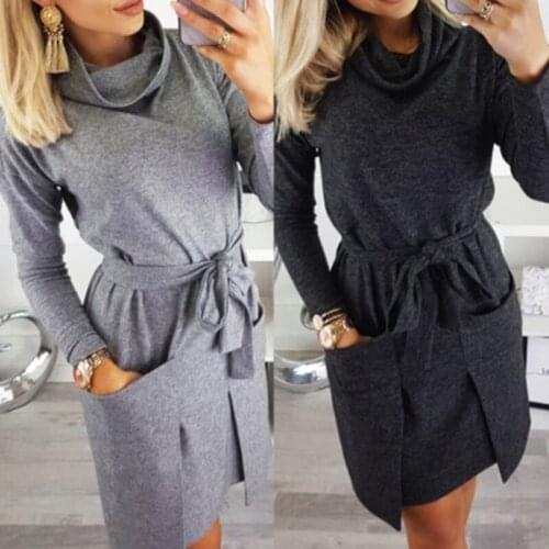 Autumn Winter Women Fashion Elegant Neck Long Sleeve Big Pocket Tops Ladies Female Large Big Solid Color Blouse Dress