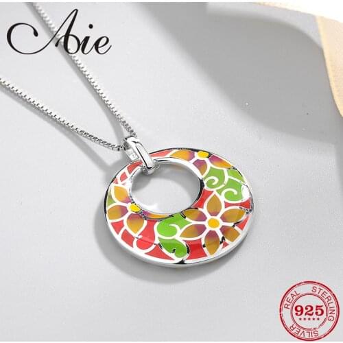 2018 New round shape 925 Sterling Silver beautiful flower pattern colourful Enamel fine Necklace Pendant Party Jewelry