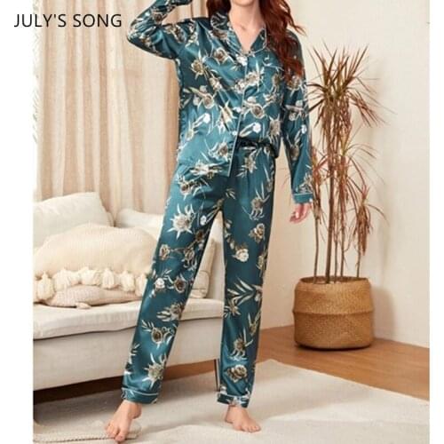 JULYS SONG Pajamas Set 2 Pieces Faux Silk Floral Print Elegant Lady Spring Autumn Sleepwear Long-sleeved Trousers Homewear