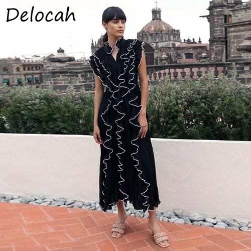 Delocah Women Summer Fashion Designer Party A-Line Dress Ruffles Sleeveless Solid Printed Elegant Bodycon Ladies Midi Dresses