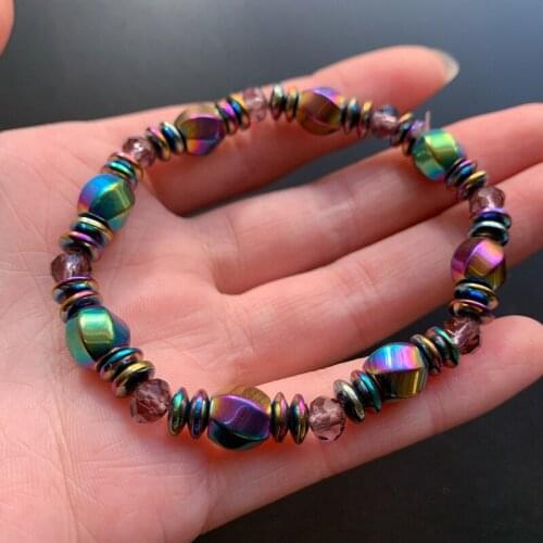 Carved Geometric Beads Natural Hematite Stone Meditation Bracelet Rainbow Coated Stone Handmade Stone Craft 1pc