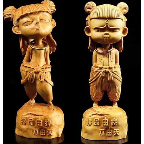 Boxwood 10 12 15cm Nezha Sculpture Buddha Central Altar Marshal Lotus Third Prince Wood Statue Home Decor