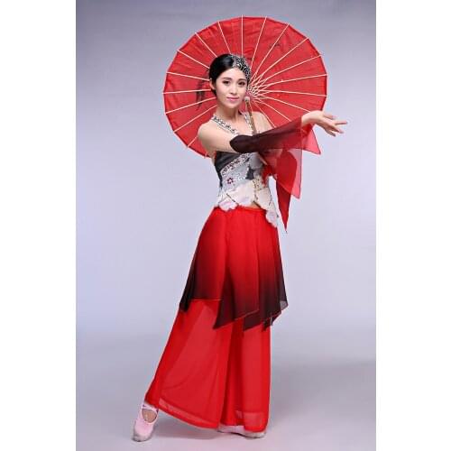 Lian Hua Qing Red Lotus Gradient Chiffon and Spandex Costume Classical Folk Dance Modern Dance Fan and Umbrella Dance Costume
