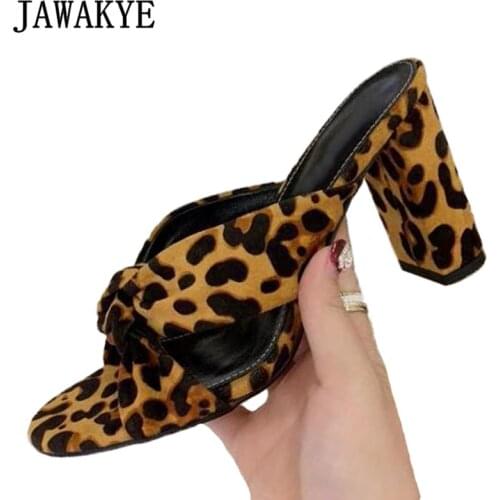 JAWAKYE Block Heels Women Slippers Sexy Leopard Open Toe Mules Runway Slides Summer Party Shoes Cross Knot Gladiator Sandals