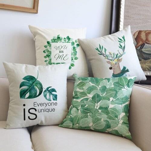 Tropical Plant Green Leaves Creative Deer Antlers Everyone Is Unique Letters Pillow Case Home Fresh Decoration Cushion Cover