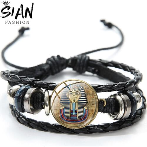 SIAN Vintage Ancient Egyptian Sphinx Bracelet Egyptian Scarab Art Photo Glass Cabochon Black Leather Bracelets For Men Gifts
