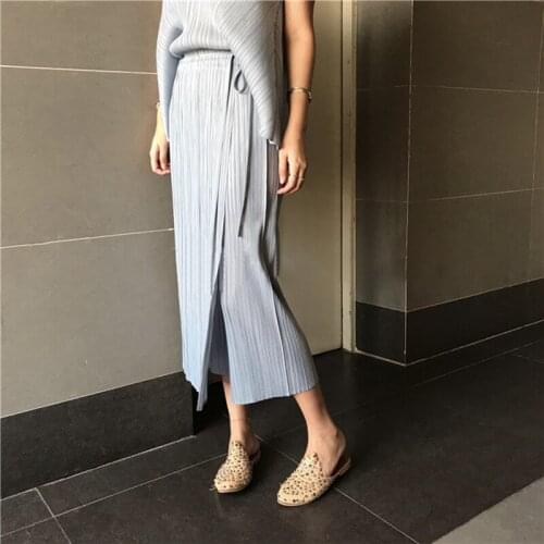 Miyake Pleated summer korean trousers casual pants solid color wide leg pants with skir Belt half apron design pants TP2242