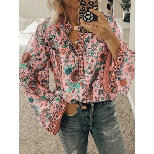 New Boho Flower Blouses Women Shirt V-neck Long Sleeve Peacock Print Shirts Tops Casual Loose Ladies Floral Blouse Drop Shipping