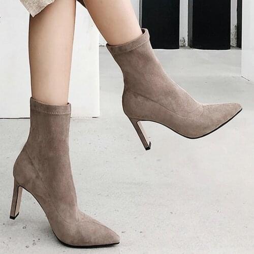 EshtonShero Women Ankle Boots Shoe Woman Super Square High Heels Flock Pointed Toe Elegant Ladies Motorcycle Sock Boots Size 3-8