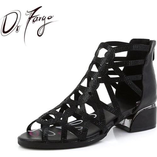 DRFARGO Women Summer Sandals Gladiator Ankle top Back zip Peep toe Bling Crystal Around 4cm Square High Heel Shoes size 32-43