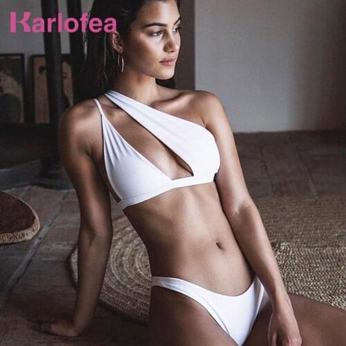 Karlofea Summer Swimsuit Chic Asymmetric One Shoulder Two Piece Bikini Sexy Low Waist Thong Shorts Beachwear Bathing Suits Sets