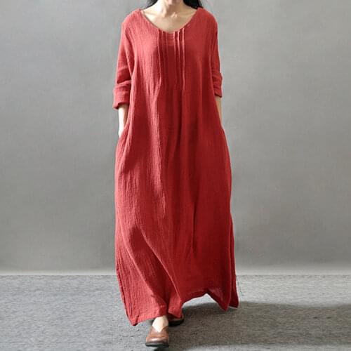EaseHut 2020 New Vintage Women Maxi Cotton Dress Plus Size Long Sleeves Pockets V Neck Ruched Loose Kaftan Robe Dresses Vestidos