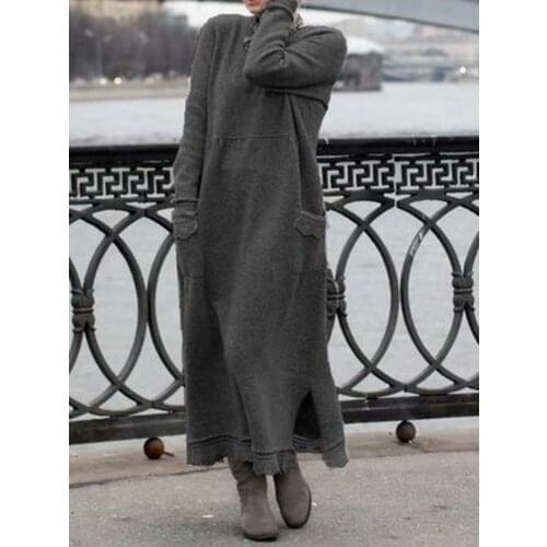 Autumn Winter Women Muslim Dress Knitted Long Dress Casual Abaya Kaftan Islamic Clothing Hoddies Sweater Vestidos Pockets Femme
