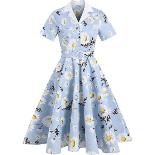 2021 Notched Collar Daisy Elegant Women 1950s Vintage Belted Midi Dress Short Sleeve Button Front Ladies Floral Swing Dresses