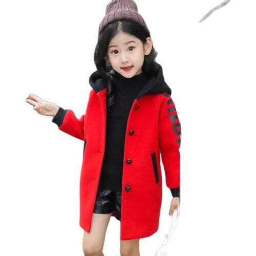 Winter Polyester Girl Boy Woolen Cloth Coat Korean Version Fashion Printing Hooded Mid-Length Overcoat Casual Childrens Jacket