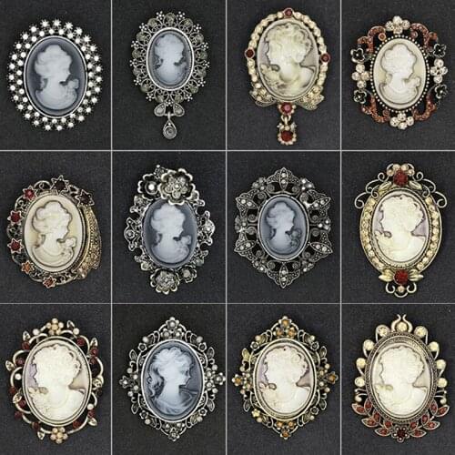 1PC Crystal Rhinestones Cameo Vintage Brooches for Women Queens Cameo Beauty Head Brooch Pin Clothing Accessories Girls Gifts