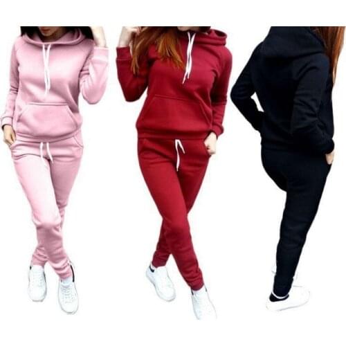 2 PCS Women Autumn Long Suit Solid Fleece Pocket Hoodie + Drawstring Elastic Waist Pants Casual Thick Winter Sets S-5XL