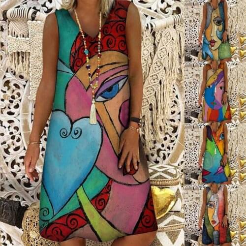 2021 Women Clothing Summer V-neck Abstract Print Sleeveless Plus Size Pullover Long Dresses Elegant Leisure Dresses Платье