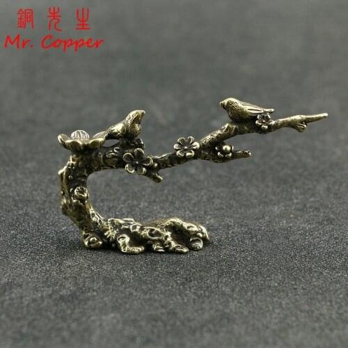 Antique Copper Magpie Plum Blossom Pen Holder Small Ornaments Brass Bird Tree Figurines Home Decor Accessories Desk Decorations