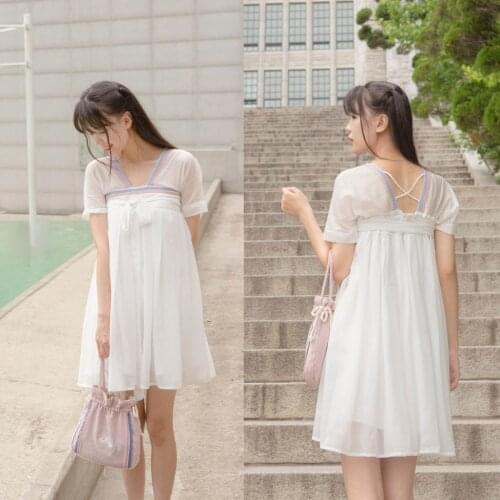 "WuYou" Carefree Womens Summer Chinese Style Vintage White Dress RuQun Cute Daily Feel Girls Chiffon Lolita Dress
