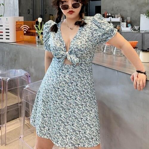 Floral Print Fashion Tie Up Wrap Mini Dress 2021 Summer Holiday Ruffles Sundress Ruched Womens Dress Short Sleeve