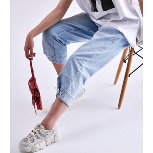 MICOCO N9251 South Korean version of the elastic waist adjustable buckle grandma pants nine minutes jeans