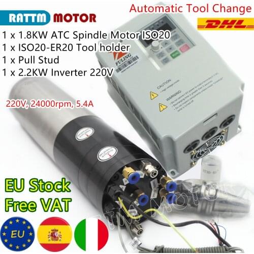 『EU Free』1.8KW ATC Water Cooled Spindle Motor Automatic Tool Changer 220V 80mm, ISO20, 24000rpm + 2.2KW Inverter for CNC Router
