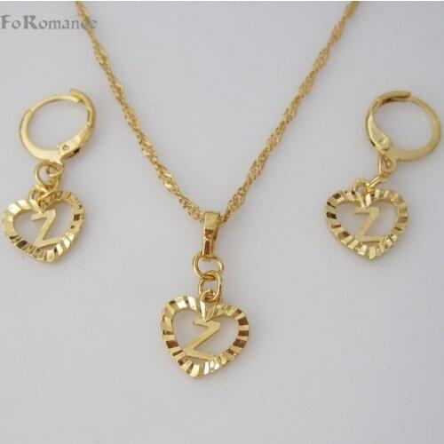 FoRomance- HIGH QUALITY GOLD GP 26 LETTERS INITIALS HEART LINE CARVED PENDANT 18" WATER WAVE NECKLACE EARRING SET FROM A TO Z