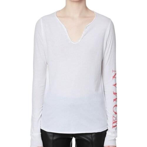 Spring Autumn Women White Slim Cotton V-Neck Long Sleeve T-Shirt Female High Street Brand Top Ladies Sexy New Elastic Tees ML021