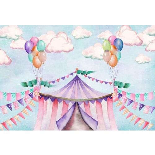 Carnival CIRCUS Backdrop Big Top Clown Clouds Girl Birthday Party Banner Pastel Purple Pink Balloon Fun Fair Photo Backgrounds