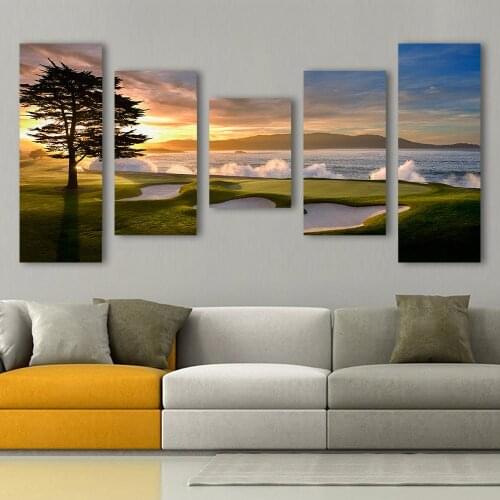 ArtSailing 5 Piece canvas scenery golf sunset tree ocean painting HD pictures wall art Home Decoration for Living Room poster