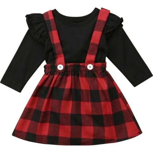 Christmas Toddler Baby Girls Outfits Clothes Set T-shirt Tops +Strap Skirt Plaid Dress Sets 0-4Years