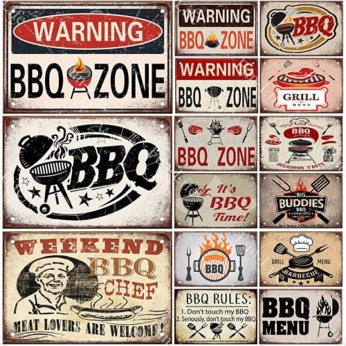 BBQ Warning Metal Tin Sign Oven Vintage Wall Decor Plaque Painting Barbecue Shop Restaurant Craft Pub Home Decor 20x30CM