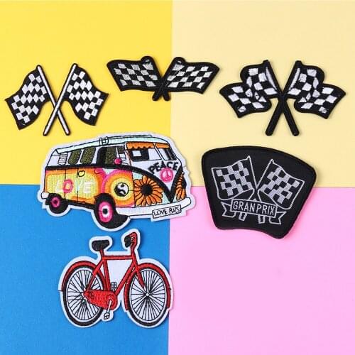 Cartoon car series Bicycle, bus, racing Patch Racing flag Embroidery Decoration Clothes Backpack Patch Decoration Accessories