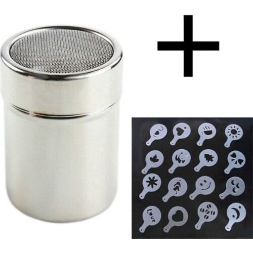 Stainless Chocolate Shaker Cocoa Flour Sugar Powder Coffee Sifter16Pcs Coffee Stencils kitchen accessories barista tools Duster