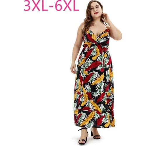 New 2021 summer plus size long dress for women large loose casual floral print flower deep v neck suspender dress 4XL 5XL 6XL