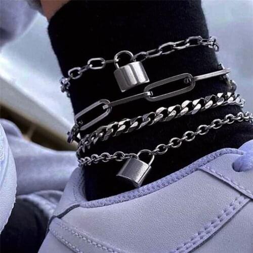 New 2020 Beaded Gold Silver Color Lock Chain Multi-level Geometric Pendant Anklet Boho Summer Beach Handmade Anklet Jewelry Gift